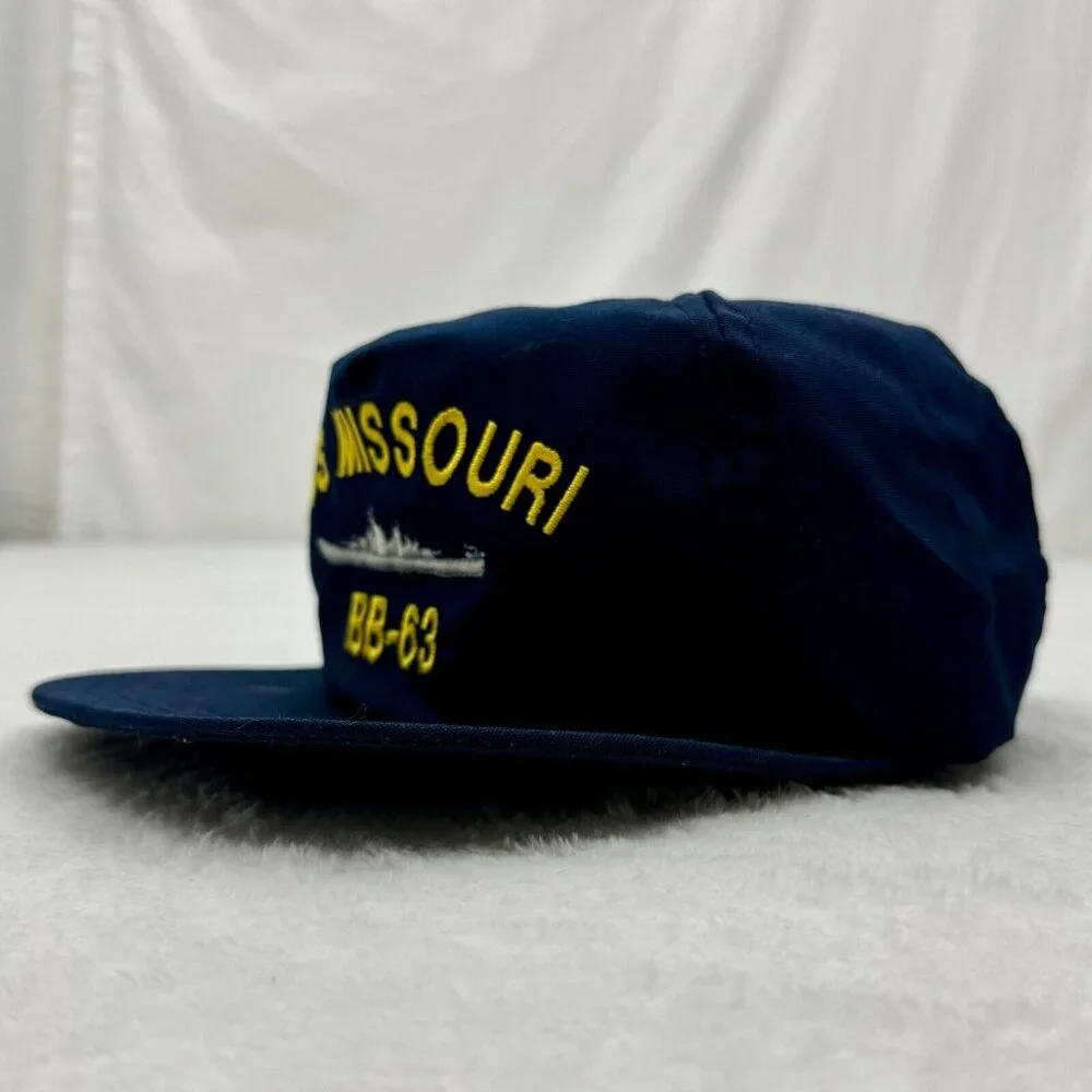 Vintage USS Missouri BB-63 Battleship Navy Snapback Cap Embroidered Blue (A)
